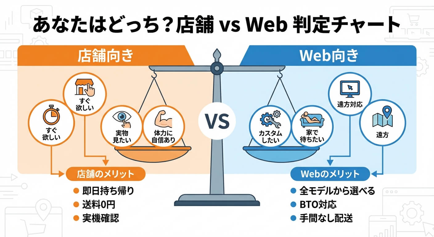 マウスコンピューター店舗vsWebのメリット比較チャート