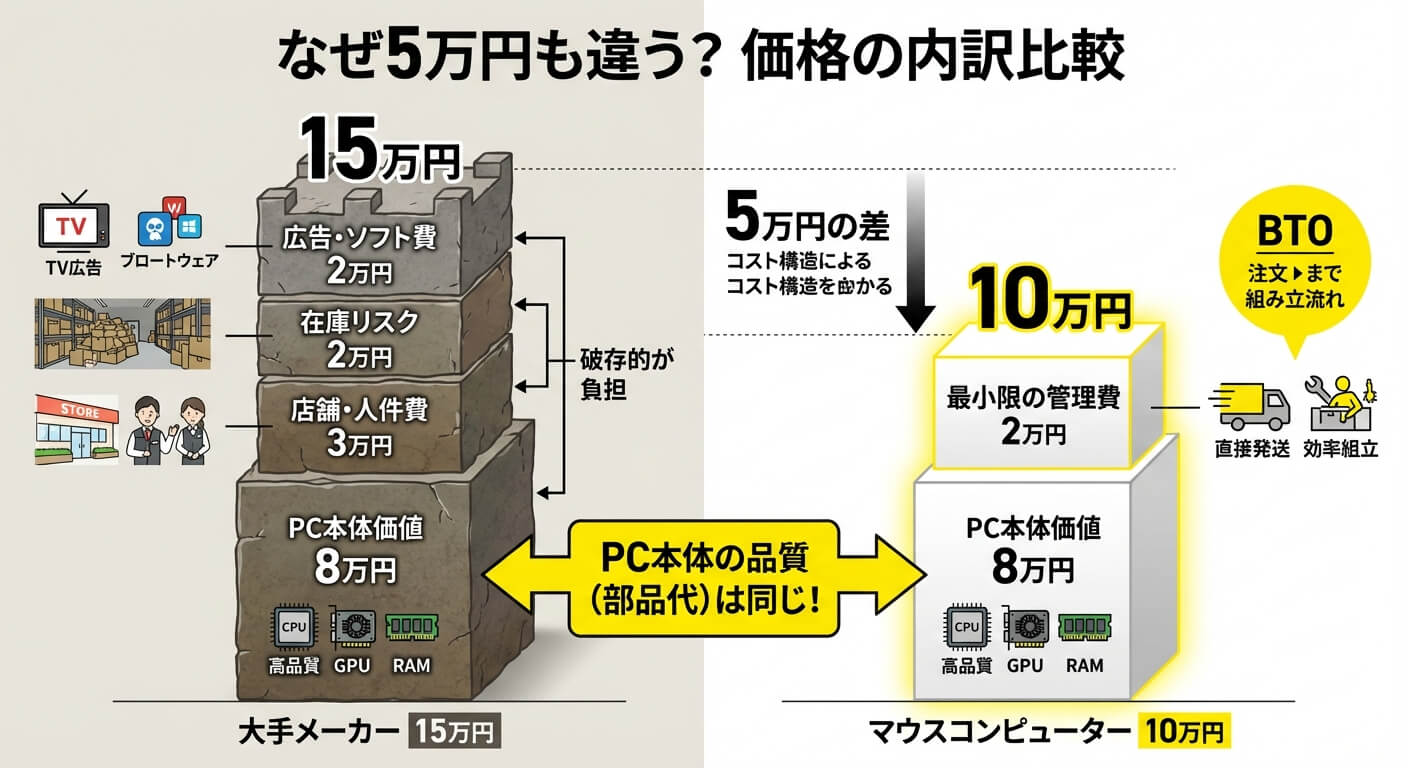 大手メーカーとマウスコンピューターのコスト構造比較