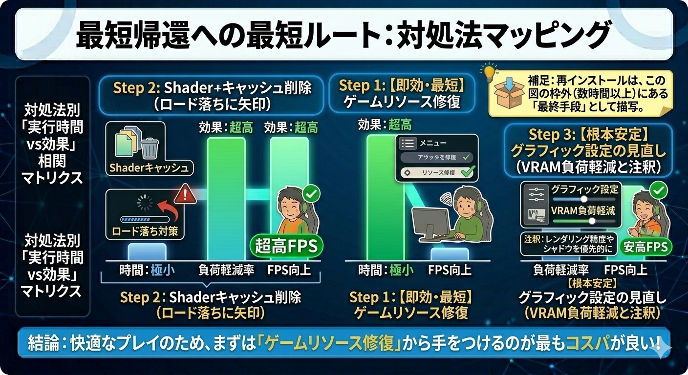 原神クラッシュ解決策の「時間vs効果」マトリクス