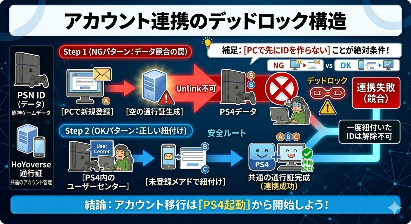 PSN IDとHoYoverse通行証の紐付け構造図解