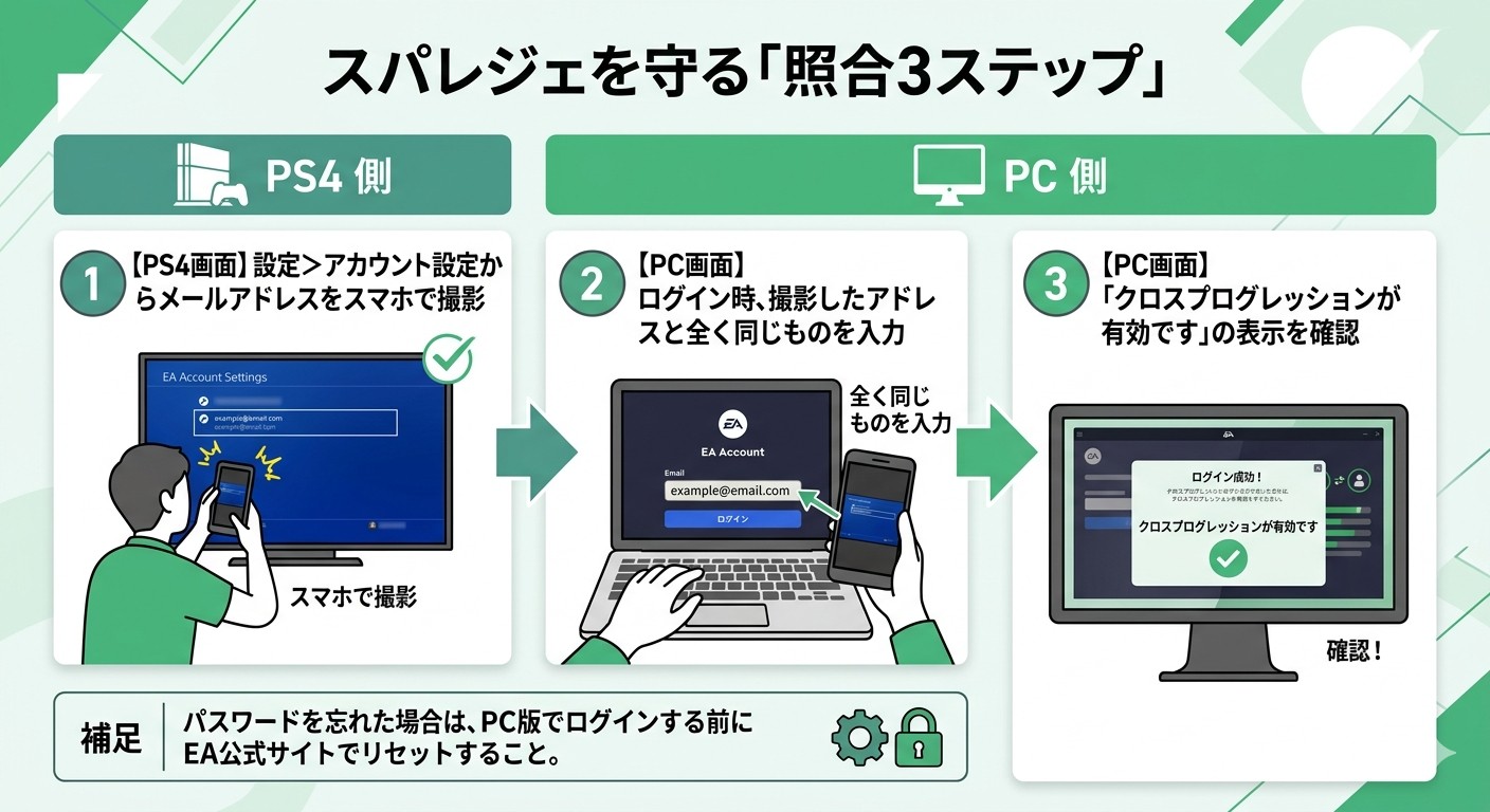 失敗ゼロ！EAアカウント特定とPCログインの黄金フロー